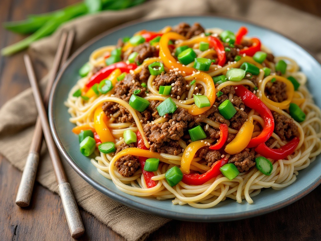 Asian-Inspired Ground Beef Spaghetti Recipe Asian-inspired ground beef spaghetti served with bell peppers and snap peas, garnished with green onions and sesame seeds.
